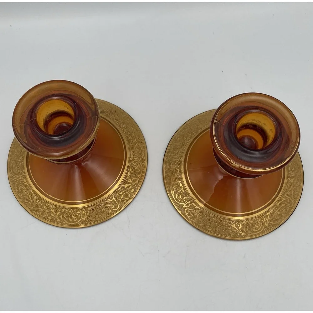 Vtg. Amber Glass Candle Holders Candlestick Pair Gold Encrusted Base Trim 1920's